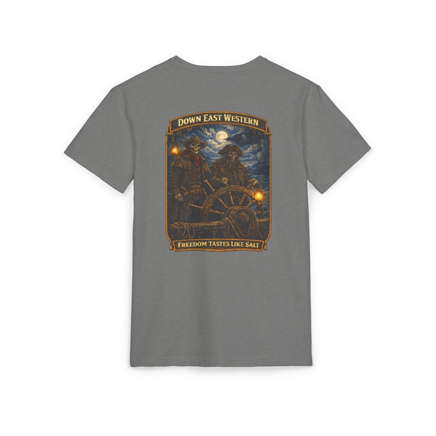 Down East Western Vintage Patch Crew T‑Shirt — Freedom Tastes Like Salt