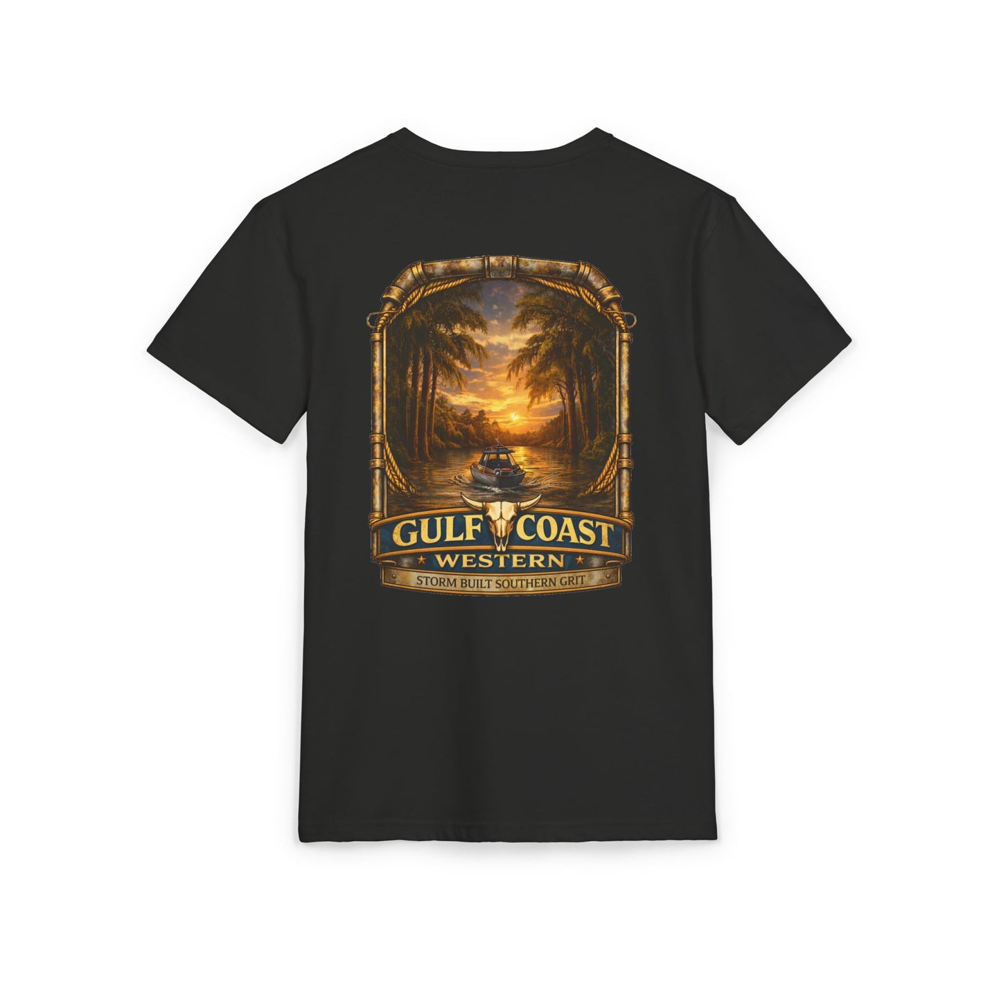 Gulf Coast Western Fishing Graphic Tee – Vintage Palm & Sunset Pocket Design