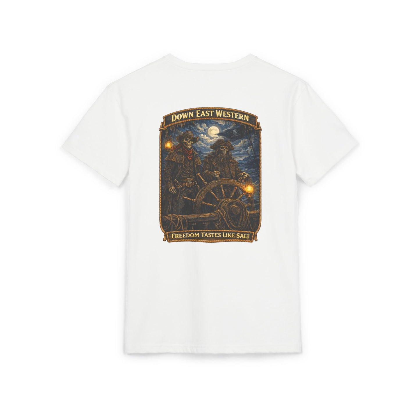 Down East Western Vintage Patch Crew T‑Shirt — Freedom Tastes Like Salt