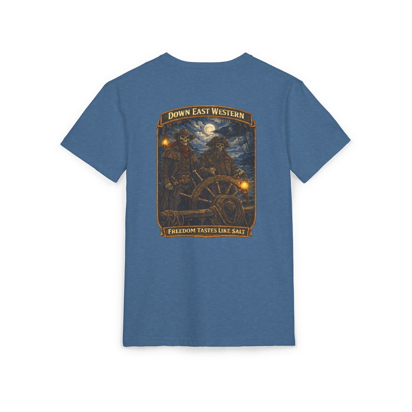 Down East Western Vintage Patch Crew T‑Shirt — Freedom Tastes Like Salt