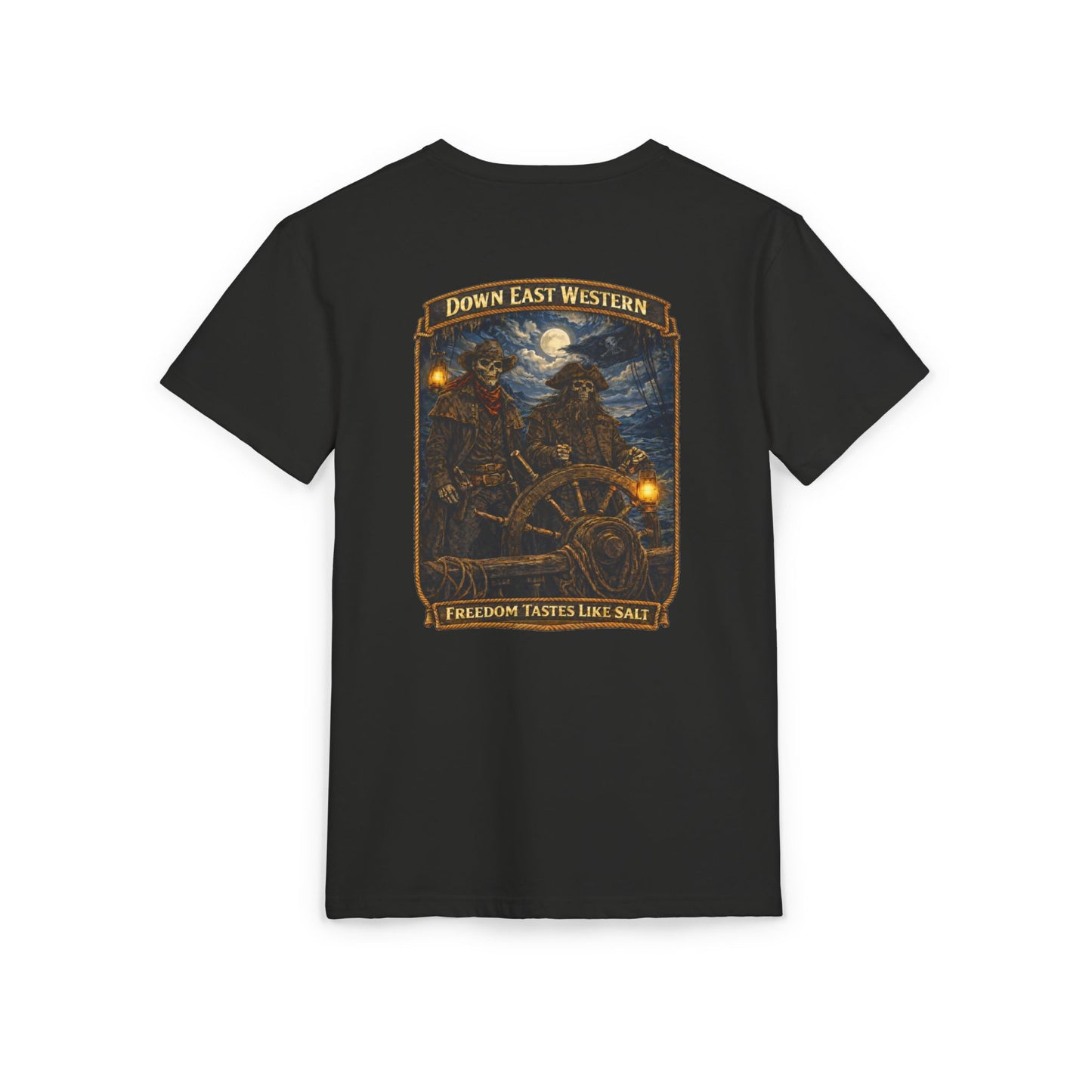 Down East Western Vintage Patch Crew T‑Shirt — Freedom Tastes Like Salt