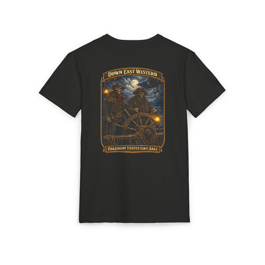 Down East Western Vintage Patch Crew T‑Shirt — Freedom Tastes Like Salt