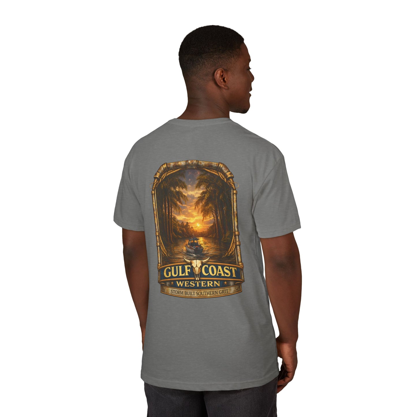 Gulf Coast Western  Fishing Graphic Tee – Vintage Palm & Sunset Pocket Design
