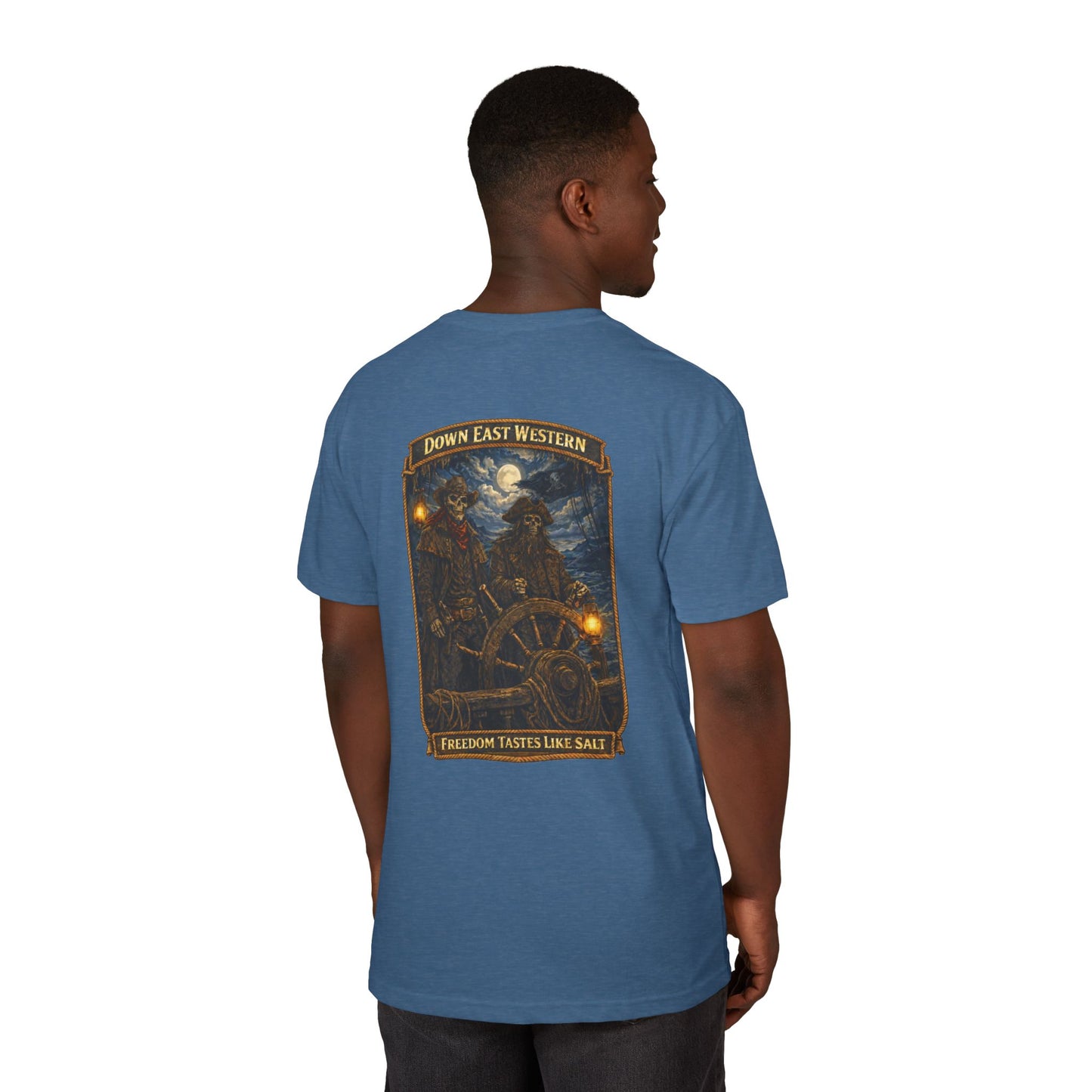 Down East Western Vintage Patch Crew T‑Shirt — Freedom Tastes Like Salt