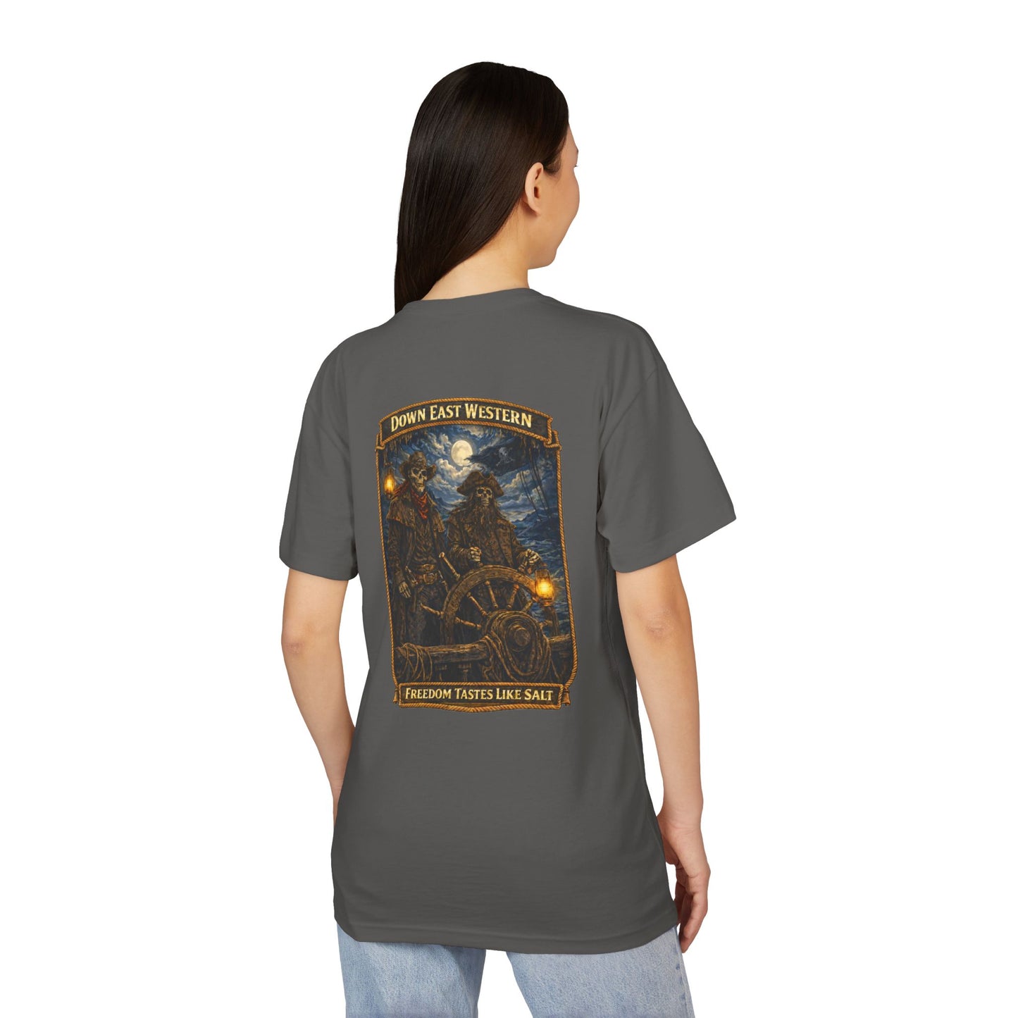 Down East Western Vintage Patch Crew T‑Shirt — Freedom Tastes Like Salt