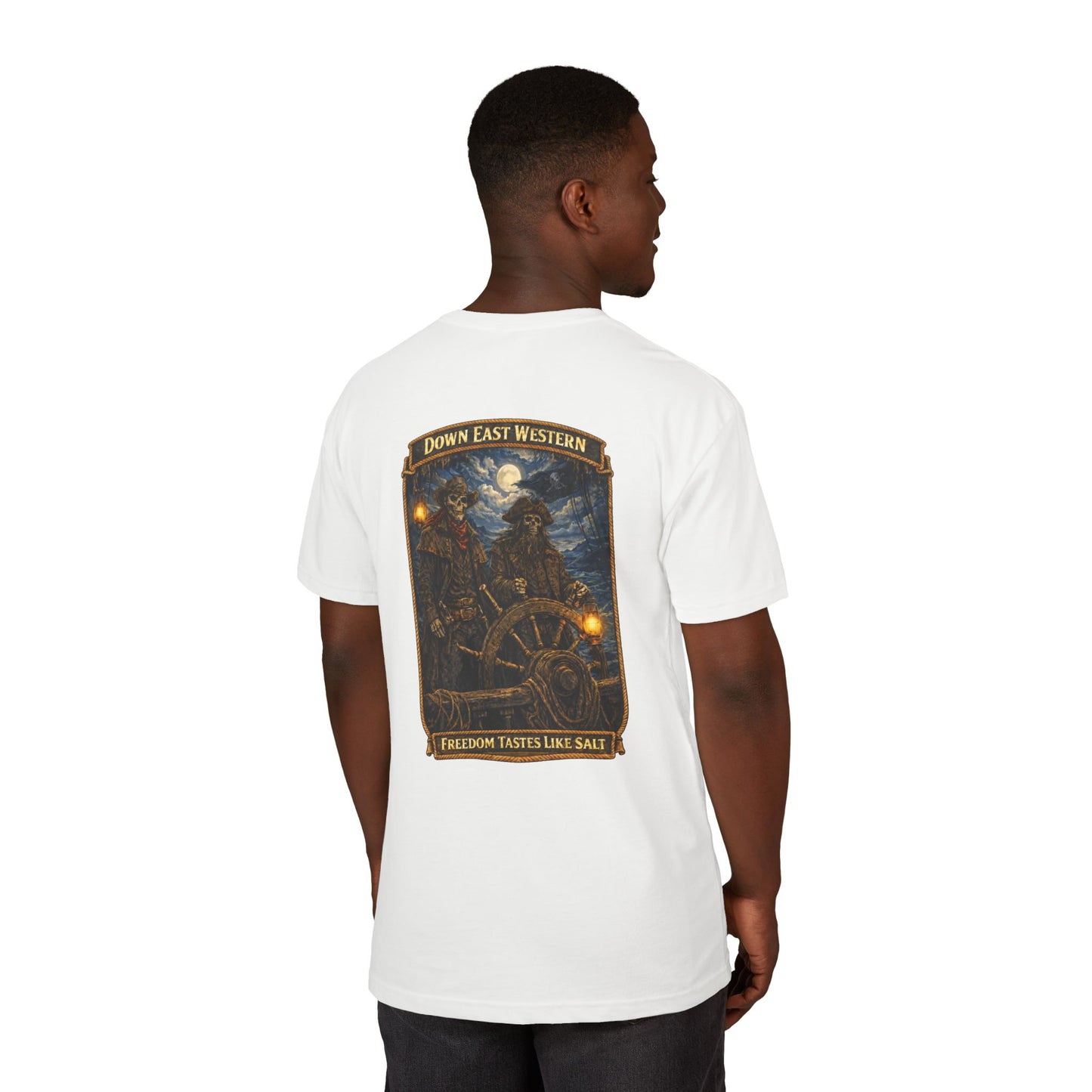 Down East Western Vintage Patch Crew T‑Shirt — Freedom Tastes Like Salt