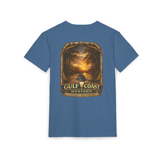 Gulf Coast Western  Fishing Graphic Tee – Vintage Palm & Sunset Pocket Design
