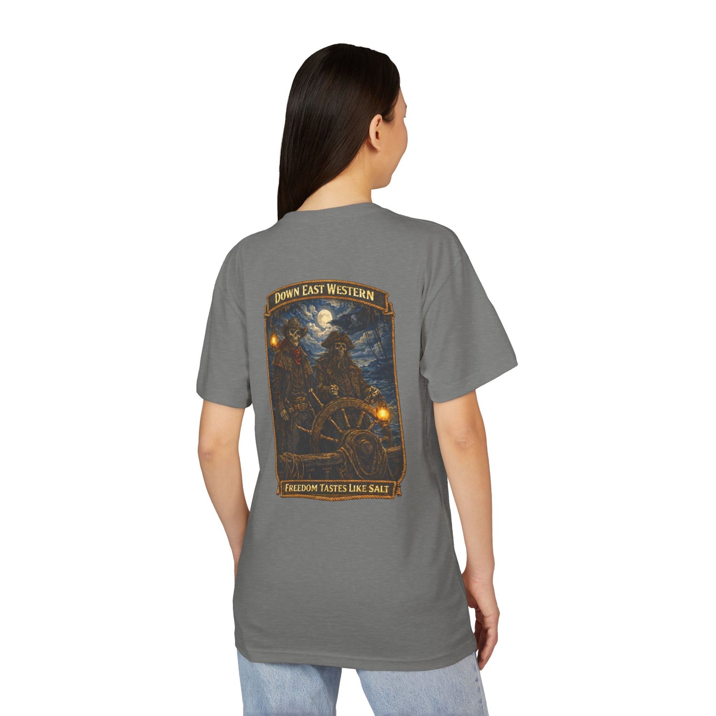 Down East Western Vintage Patch Crew T‑Shirt — Freedom Tastes Like Salt