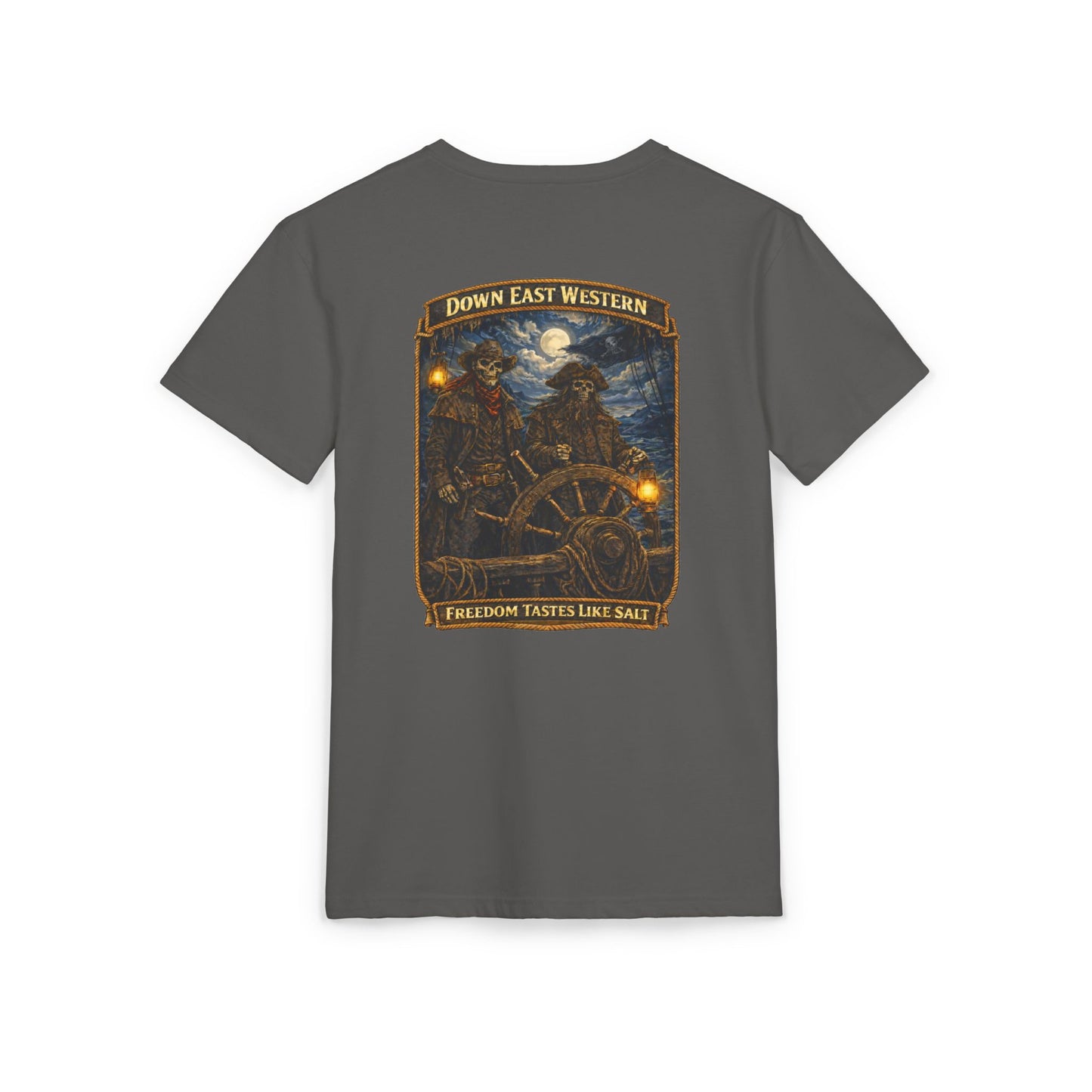 Down East Western Vintage Patch Crew T‑Shirt — Freedom Tastes Like Salt