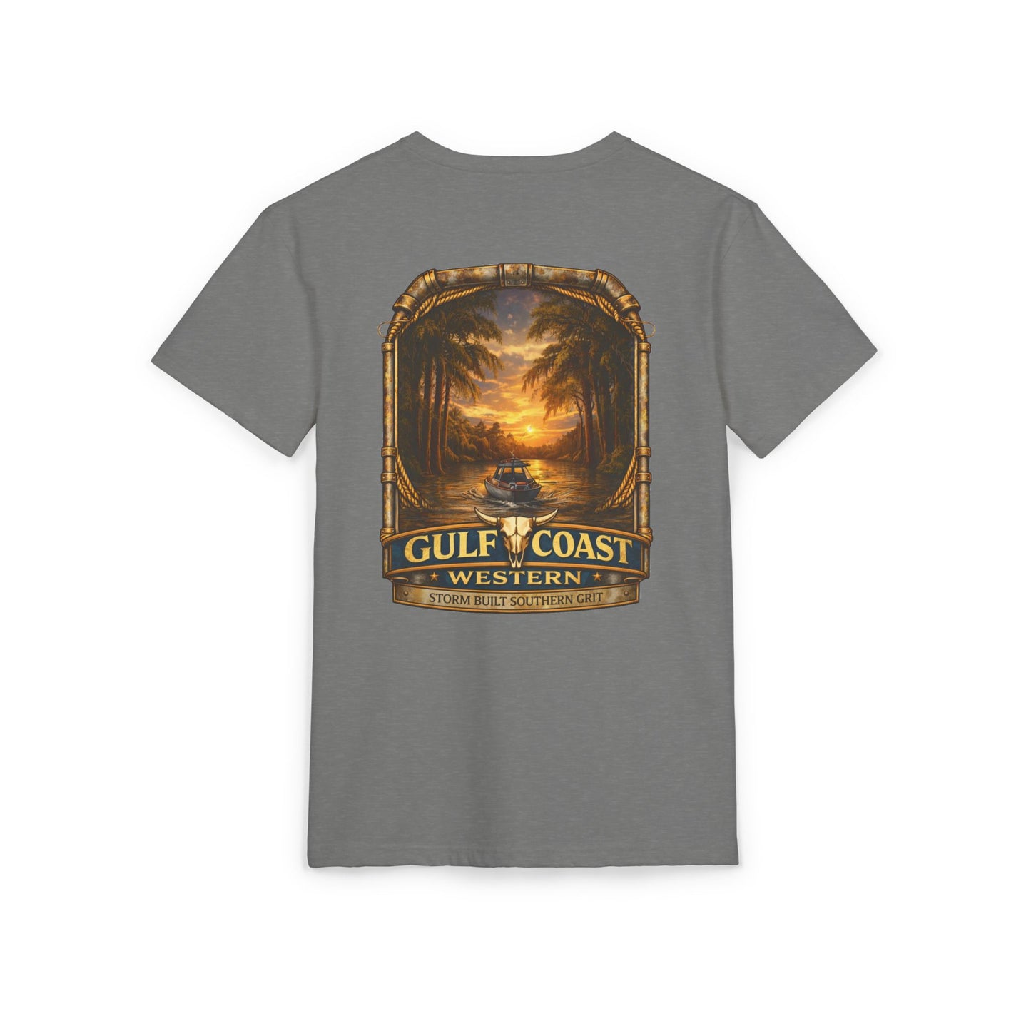 Gulf Coast Western  Fishing Graphic Tee – Vintage Palm & Sunset Pocket Design