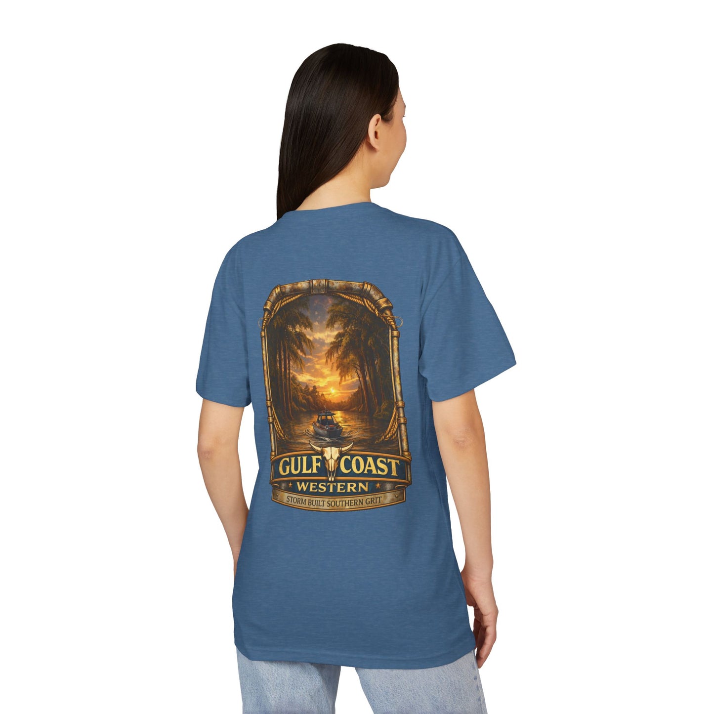 Gulf Coast Western  Fishing Graphic Tee – Vintage Palm & Sunset Pocket Design