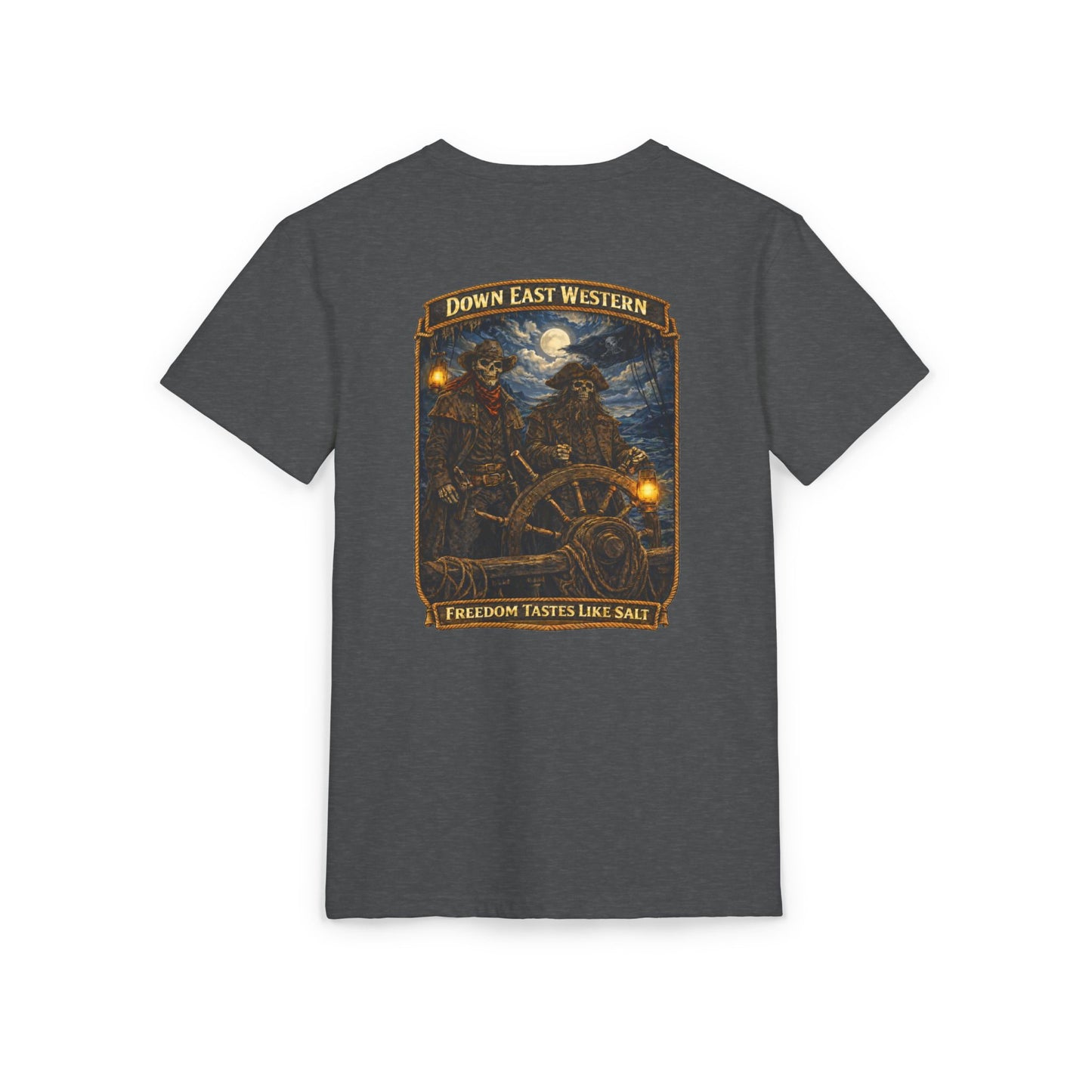 Down East Western Vintage Patch Crew T‑Shirt — Freedom Tastes Like Salt